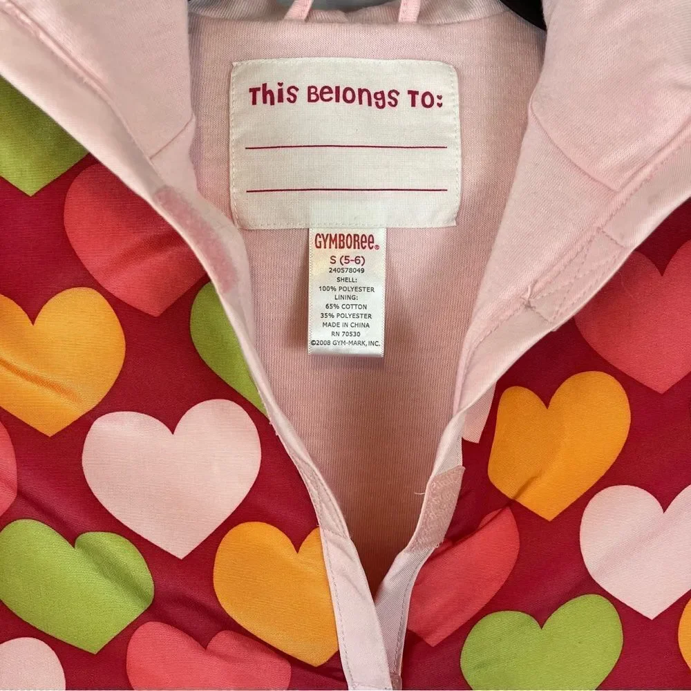 Girls Gymboree Lined Raincoat/Rain Jacket Hearts Velcro Raspberry  Pink 5-6